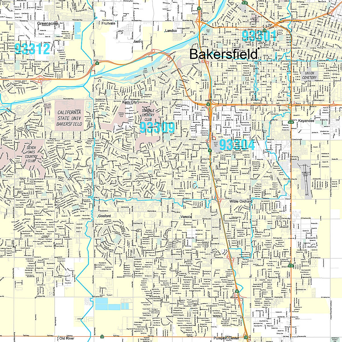 Premium Style Wall Map of Bakersfield CA.