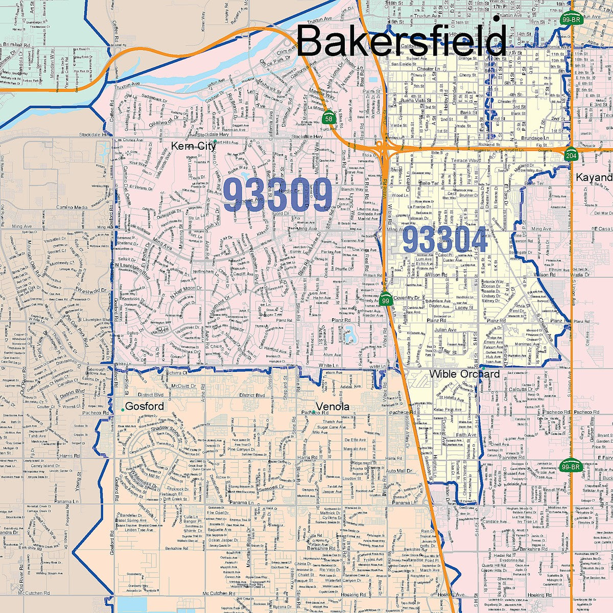 Color Cast Zip Code Style Wall Map of Bakersfield CA