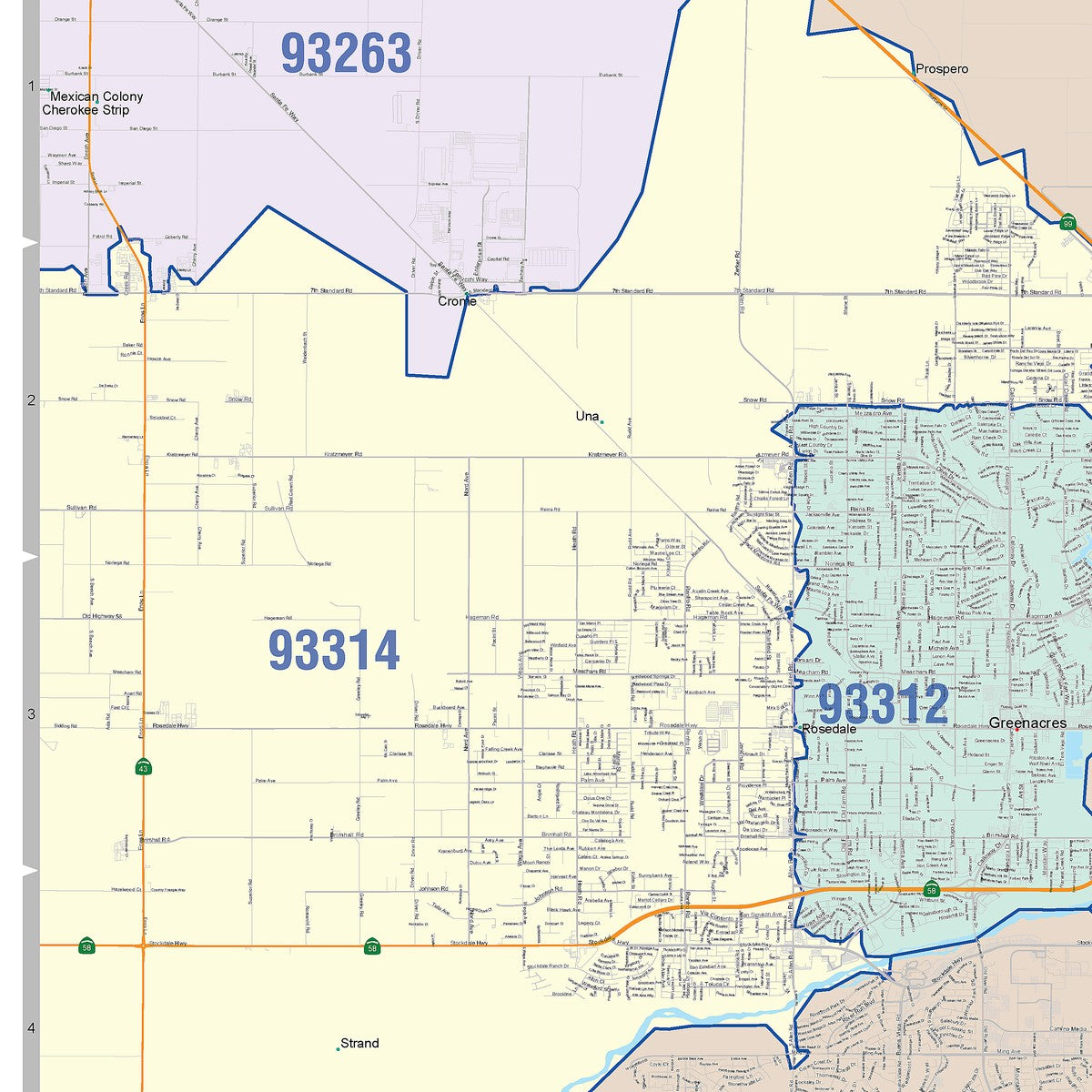 Color Cast Zip Code Style Wall Map of Bakersfield, CA - American Map Store