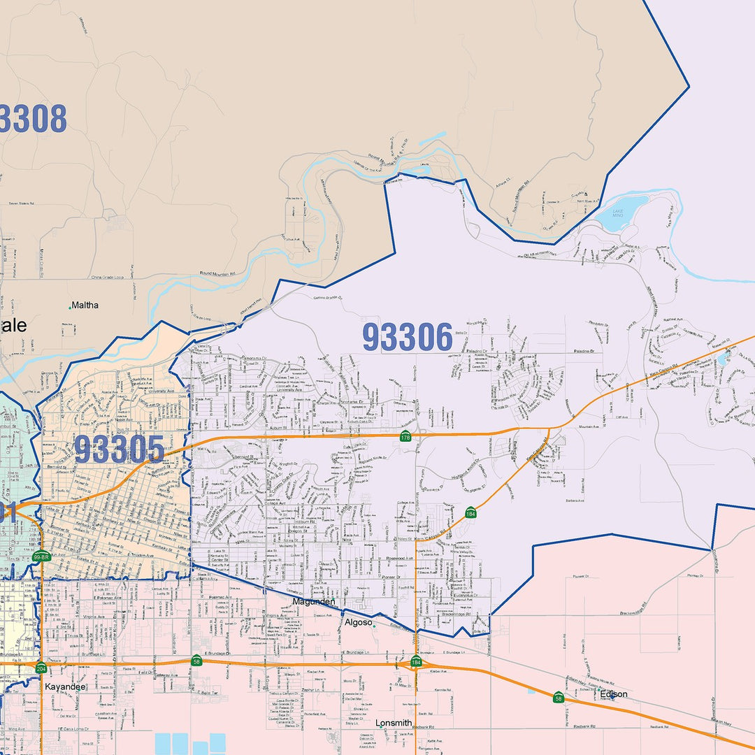 Color Cast Zip Code Style Wall Map of Bakersfield, CA – American Map Store