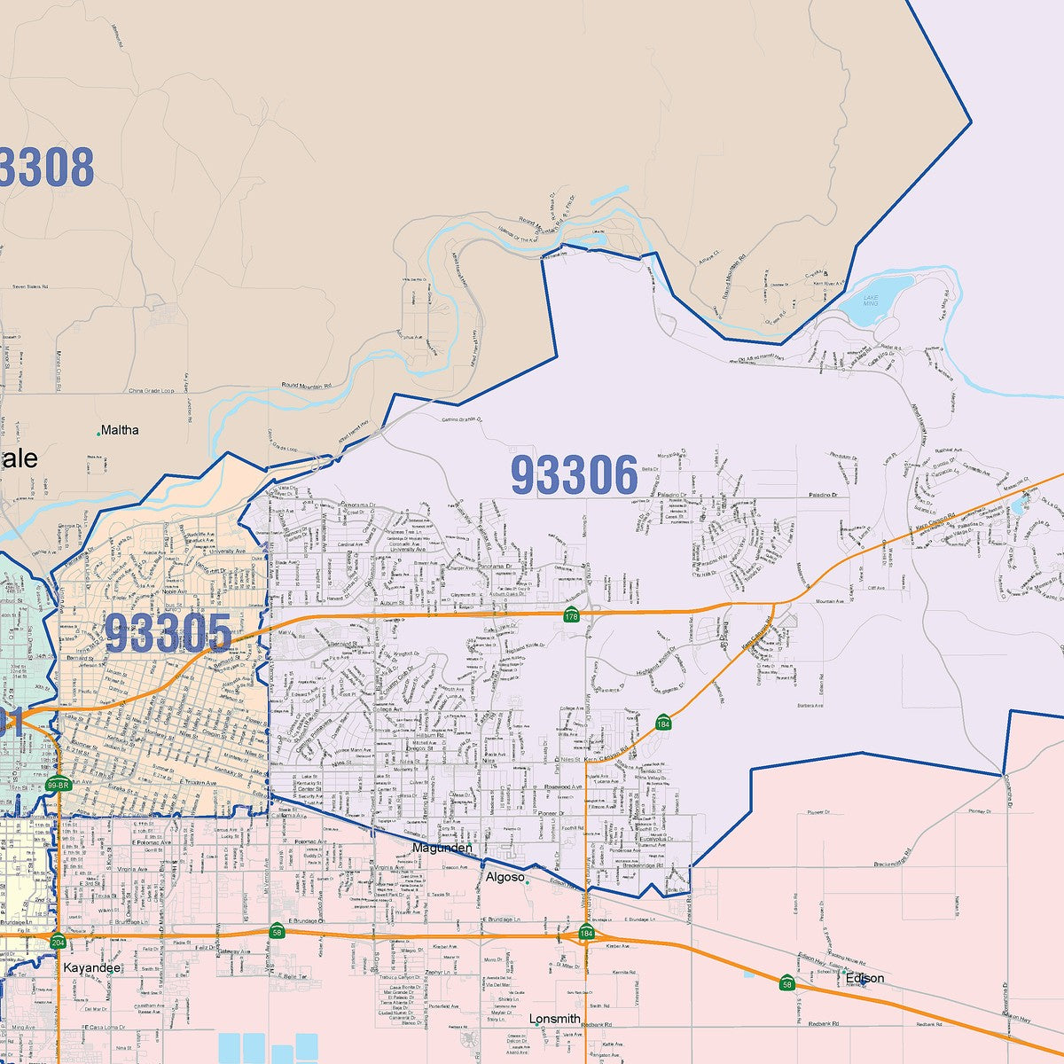 Color Cast Zip Code Style Wall Map of Bakersfield, CA – American Map Store