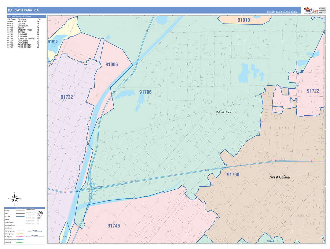 Color Cast Zip Code Style Wall Map of Baldwin Park, CA