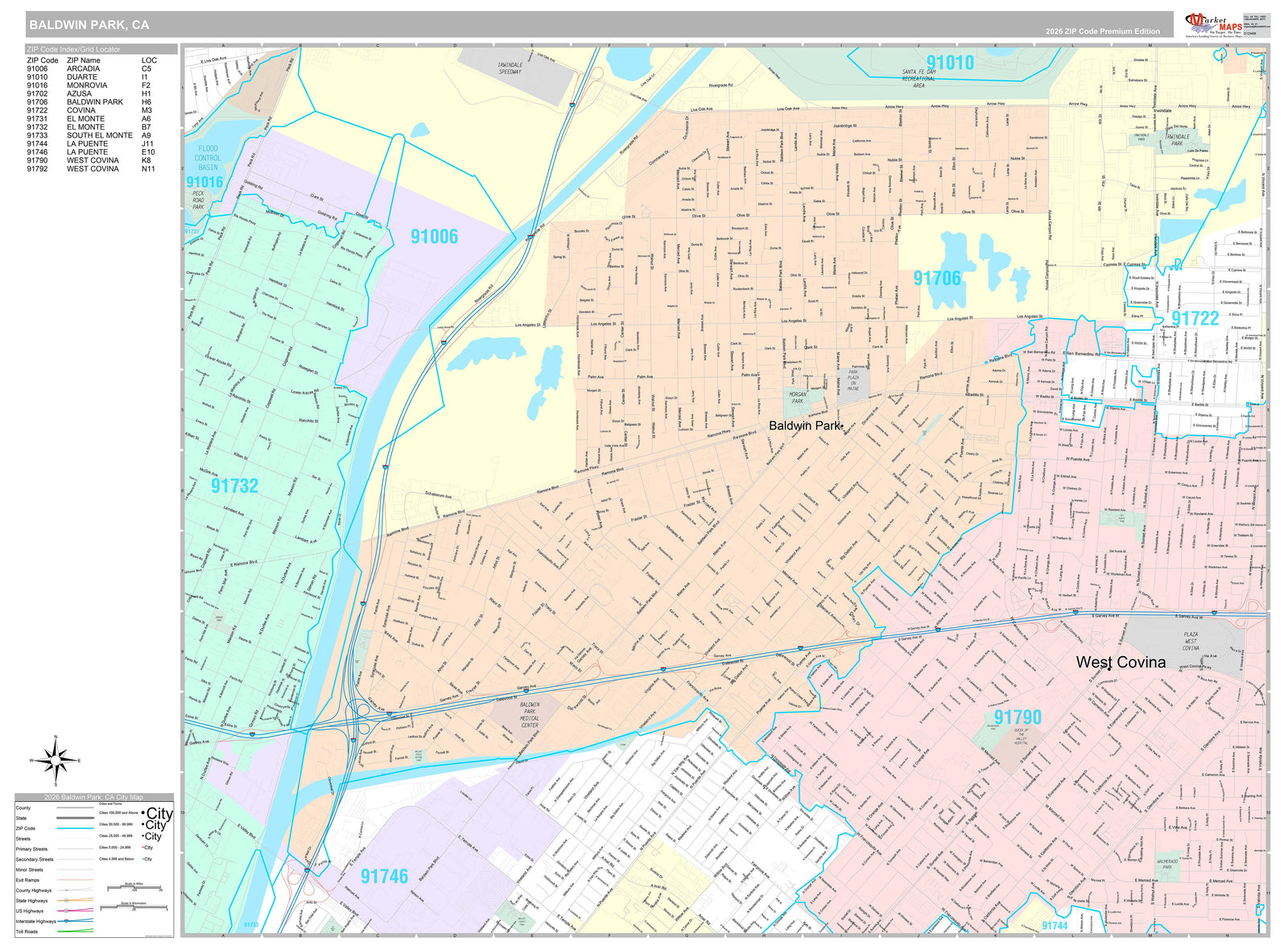 Premium Style Wall Map of Baldwin Park, CA