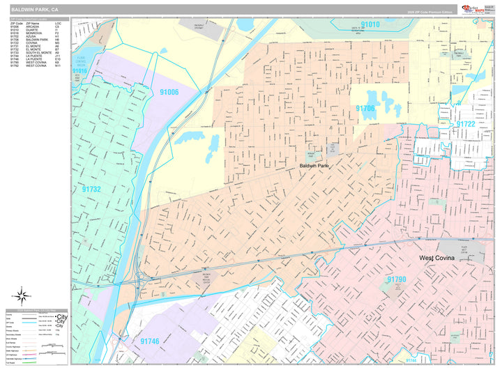 Premium Style Wall Map of Baldwin Park, CA