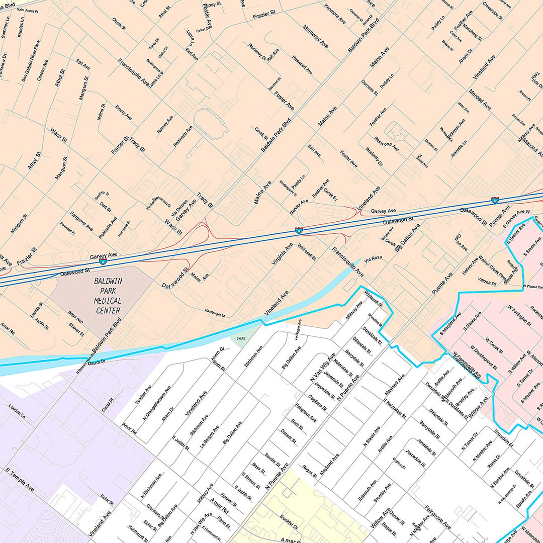 Premium Style Wall Map of Baldwin Park, CA