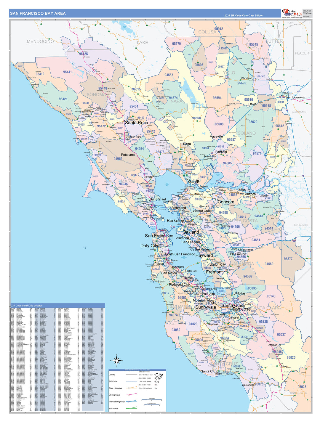 Color Cast Zip Code Style Wall Map of Bay Area, CA