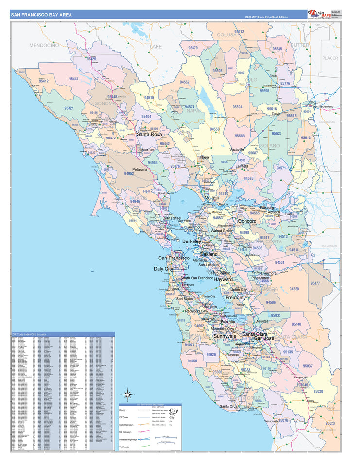 Color Cast Zip Code Style Wall Map of Bay Area, CA