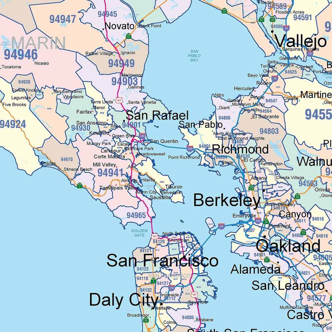 Color Cast Zip Code Style Wall Map of Bay Area, CA