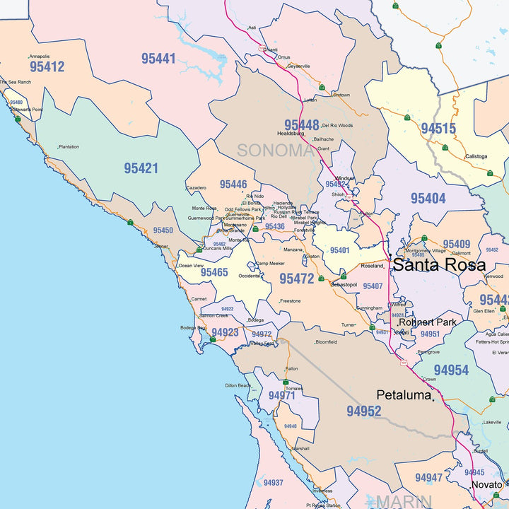 Color Cast Zip Code Style Wall Map of Bay Area, CA