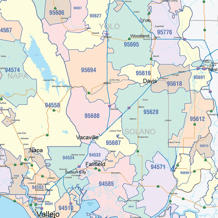 Color Cast Zip Code Style Wall Map of Bay Area, CA