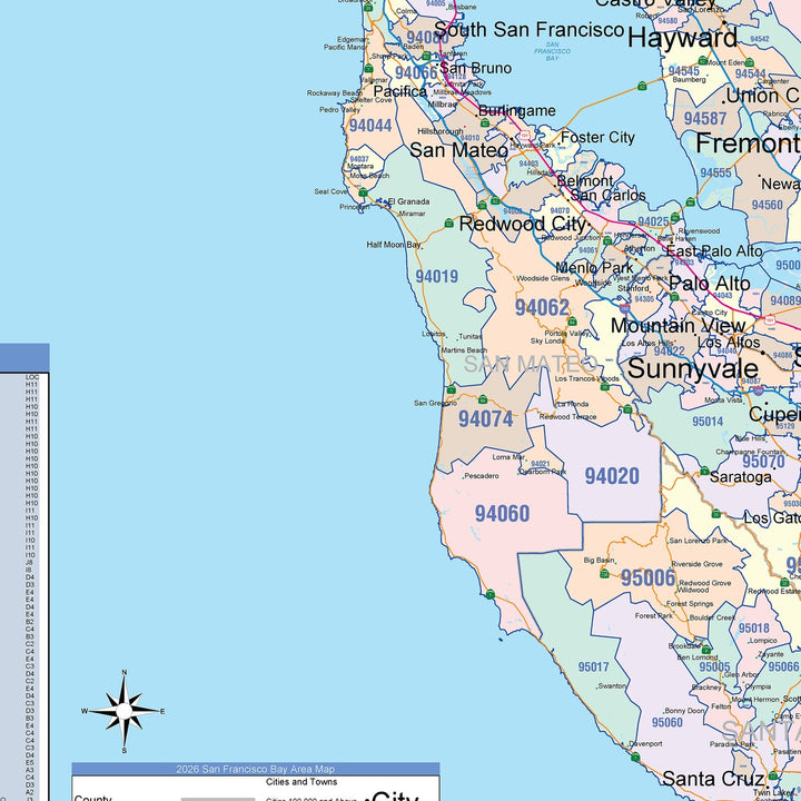 Color Cast Zip Code Style Wall Map of Bay Area, CA