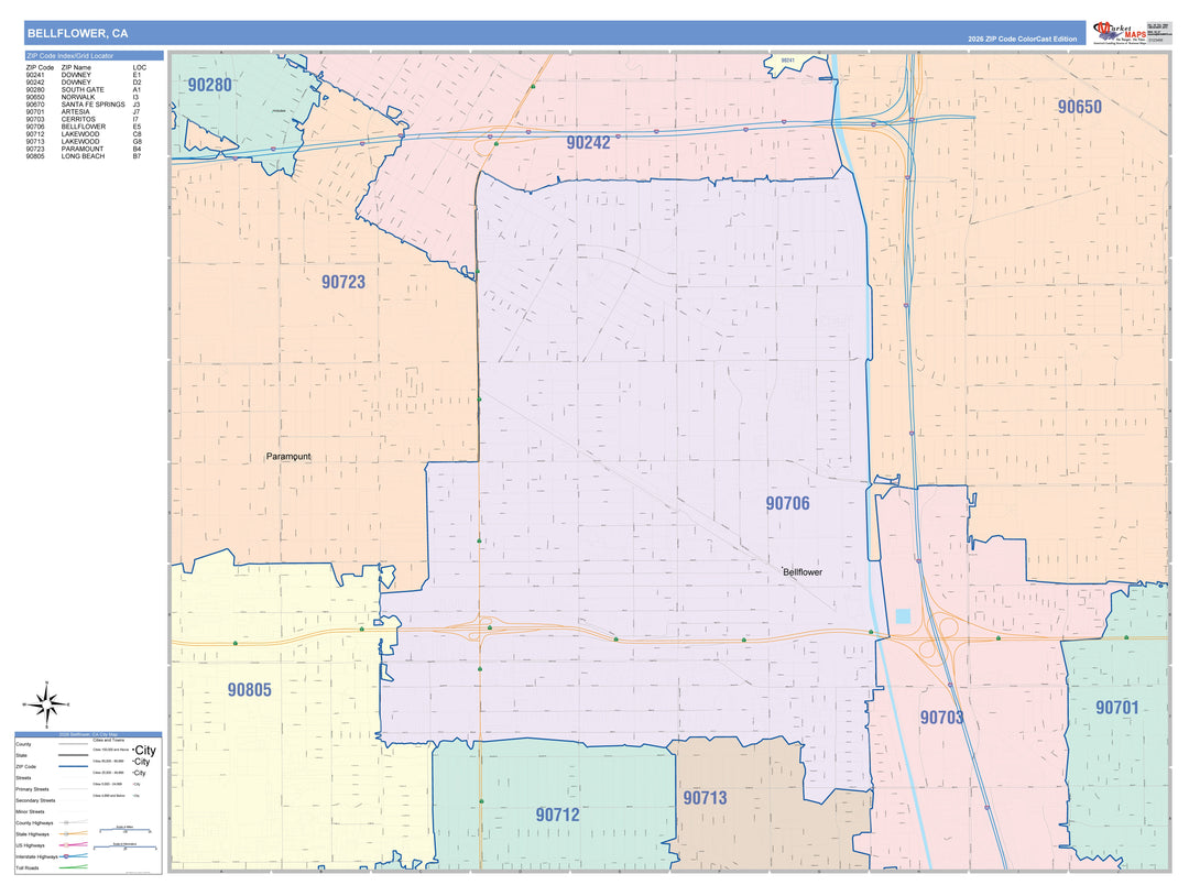 Color Cast Zip Code Style Wall Map of Bellflower, CA