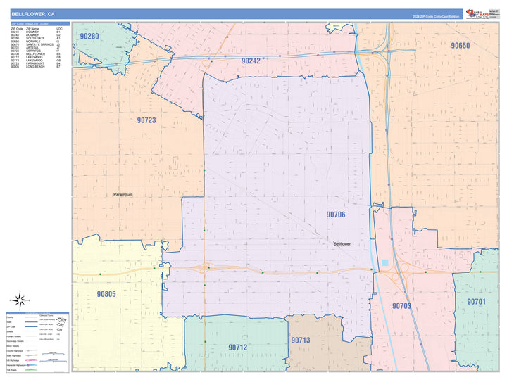 Color Cast Zip Code Style Wall Map of Bellflower, CA