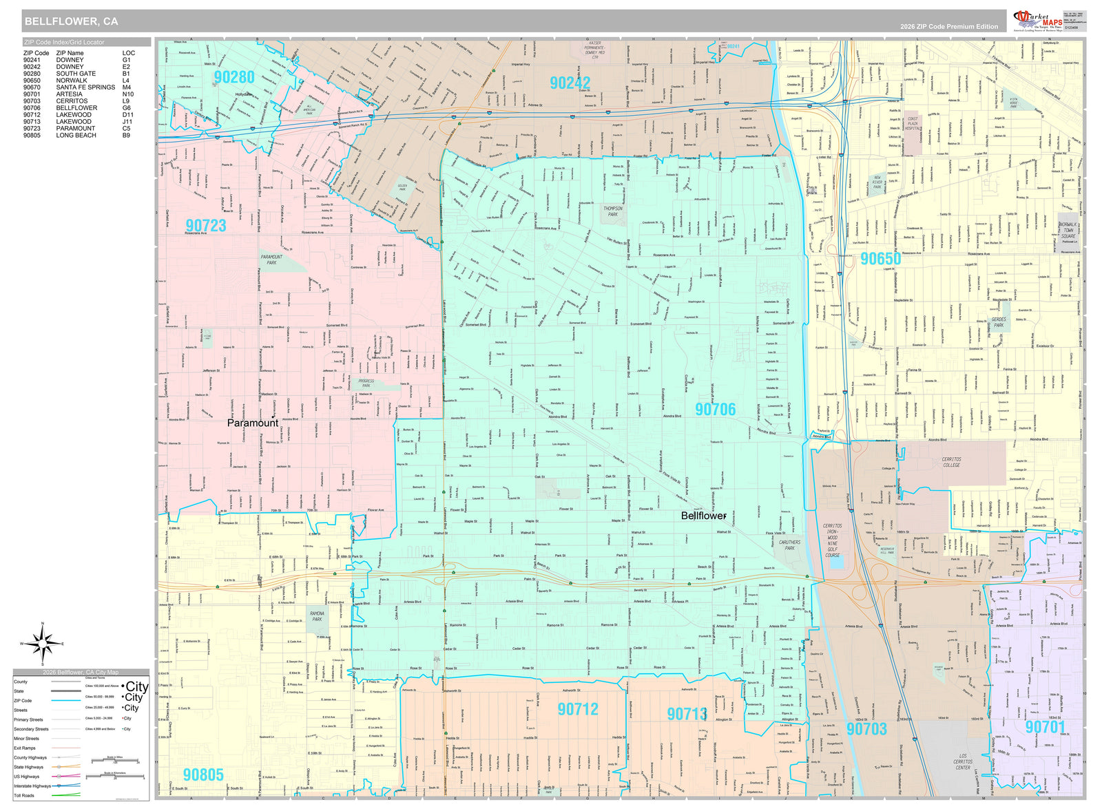 Premium Style Wall Map of Bellflower, CA