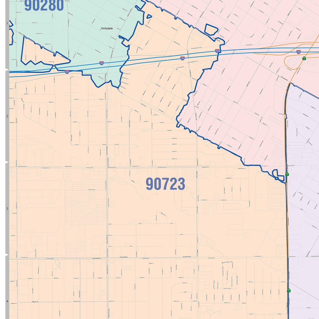 Color Cast Zip Code Style Wall Map of Bellflower, CA