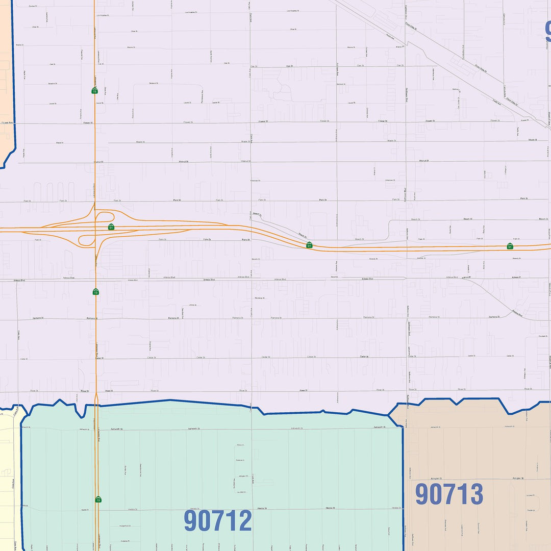 Color Cast Zip Code Style Wall Map of Bellflower, CA