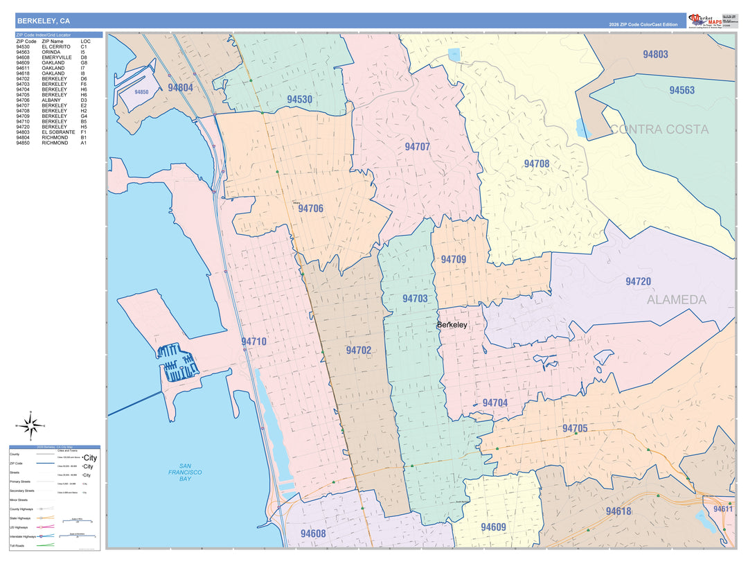 Color Cast Zip Code Style Wall Map of Berkeley, CA