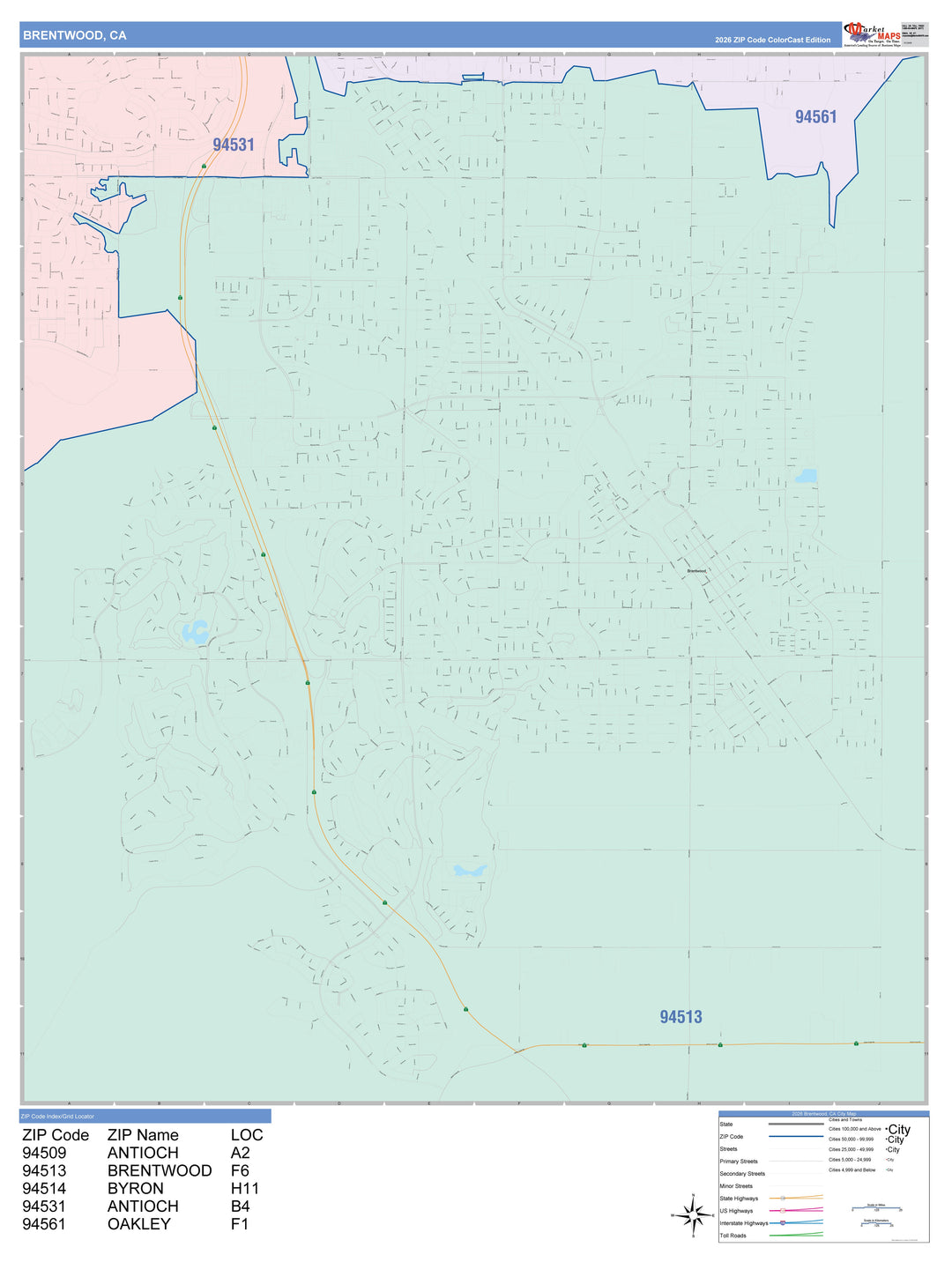 Color Cast Zip Code Style Wall Map of Brentwood, CA