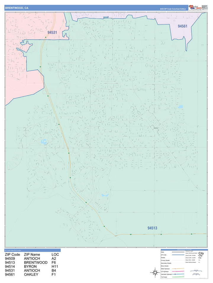 Color Cast Zip Code Style Wall Map of Brentwood, CA