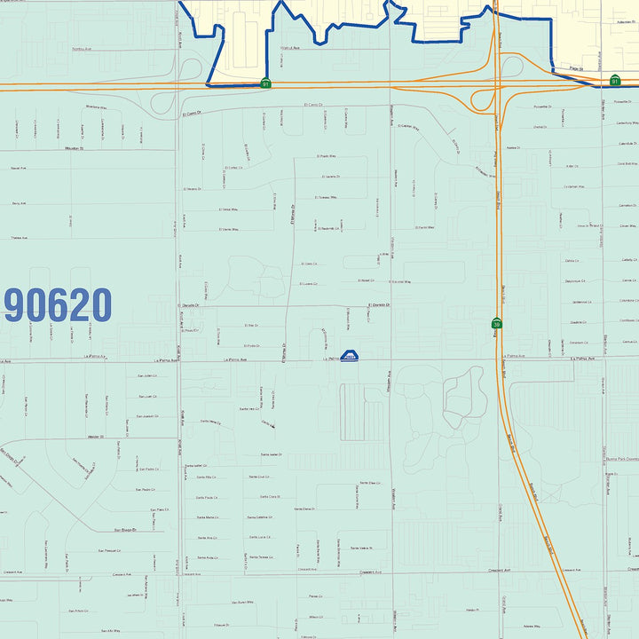 Color Cast Zip Code Style Wall Map of Buena Park, CA
