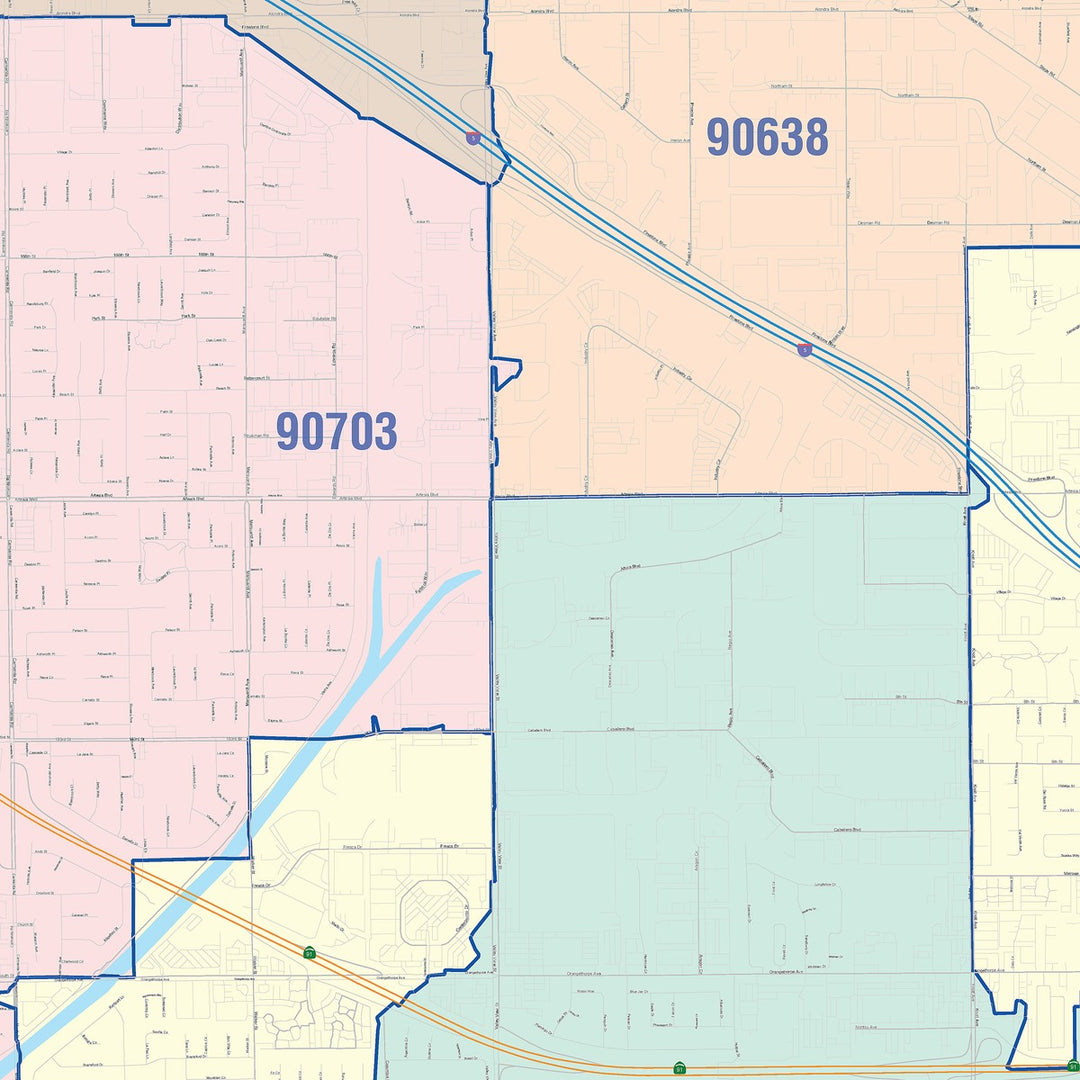 Color Cast Zip Code Style Wall Map of Buena Park, CA