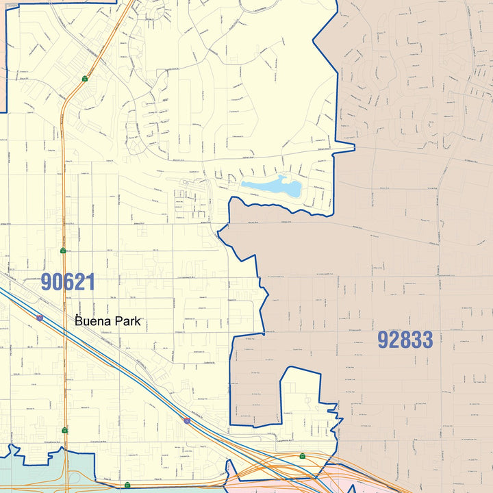Color Cast Zip Code Style Wall Map of Buena Park, CA