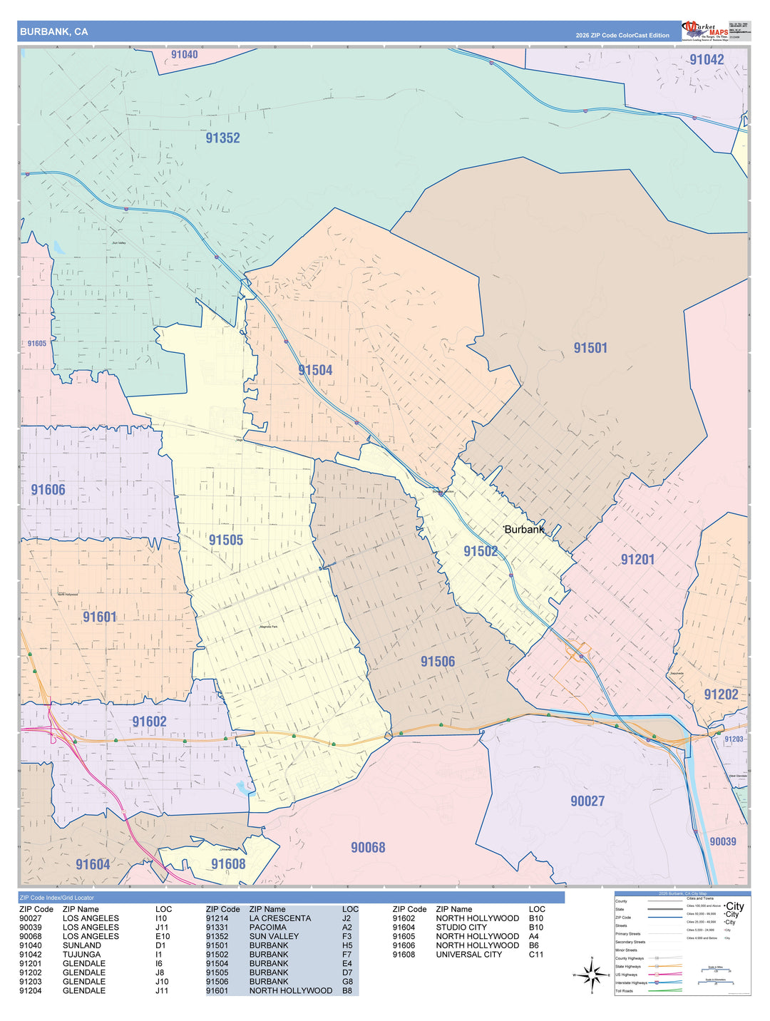 Color Cast Zip Code Style Wall Map of Burbank, CA