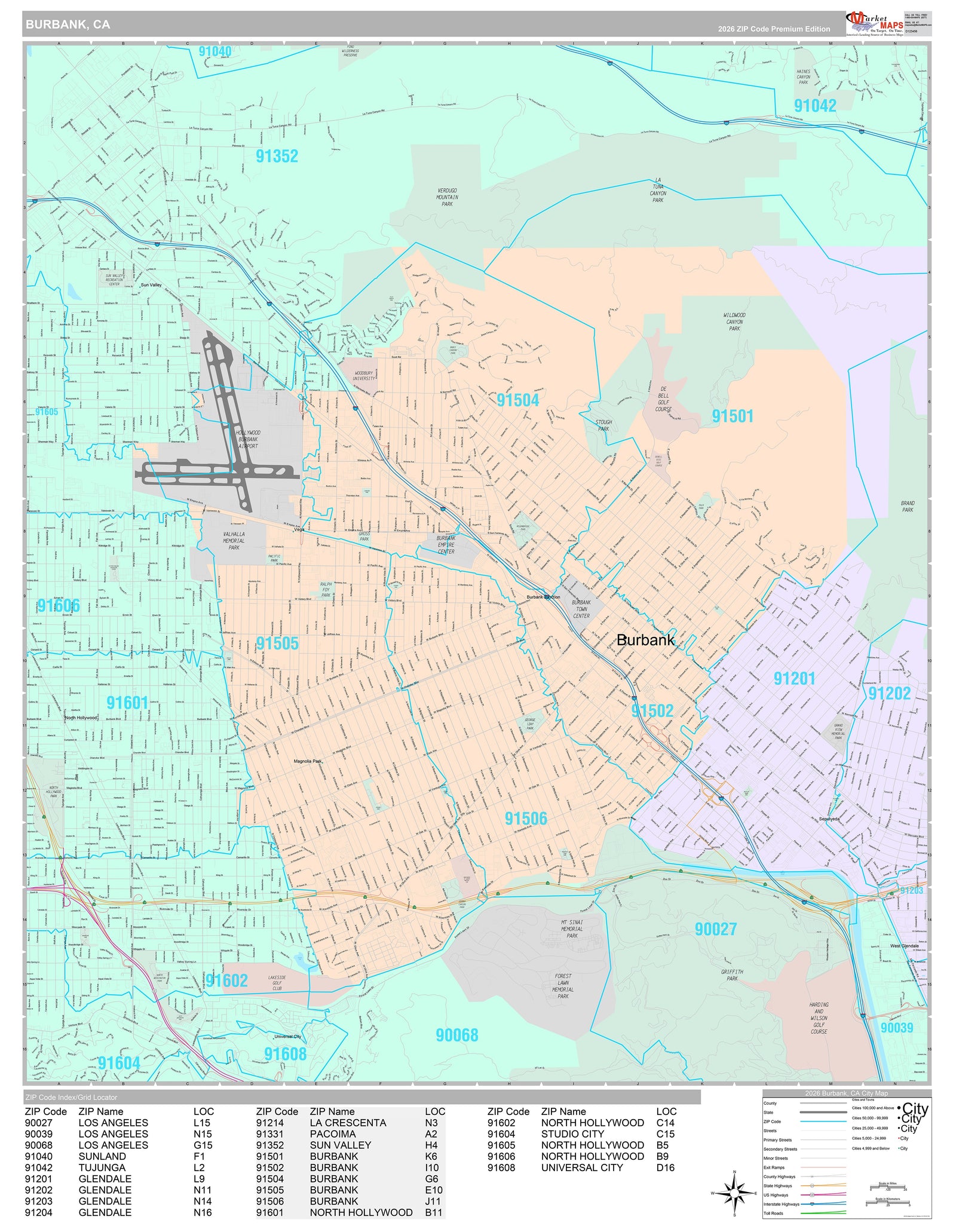 Premium Style Wall Map of Burbank, CA