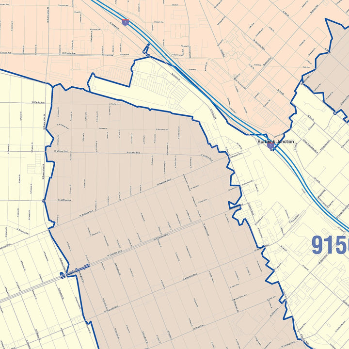 Color Cast Zip Code Style Wall Map of Burbank, CA