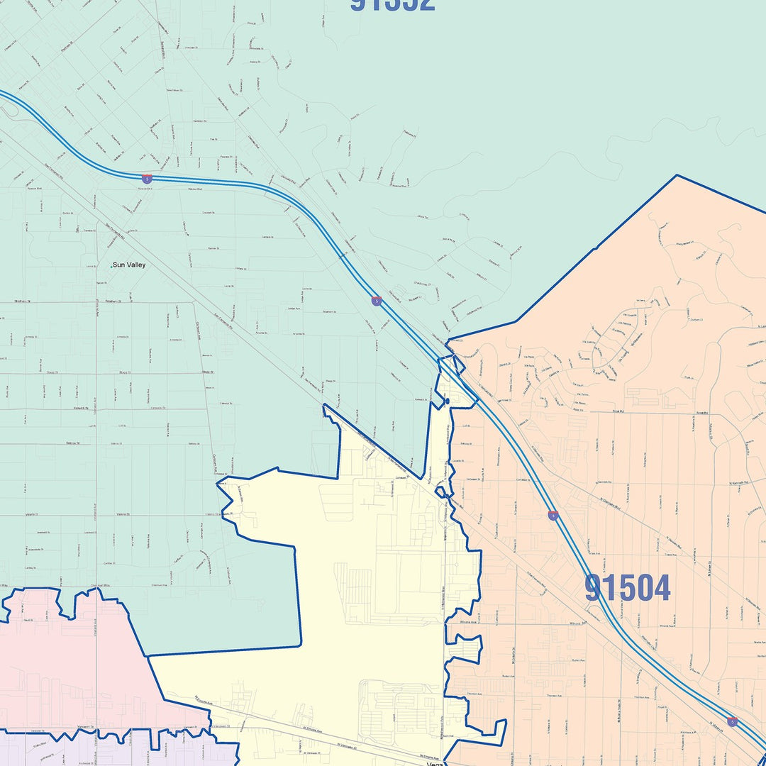 Color Cast Zip Code Style Wall Map of Burbank, CA
