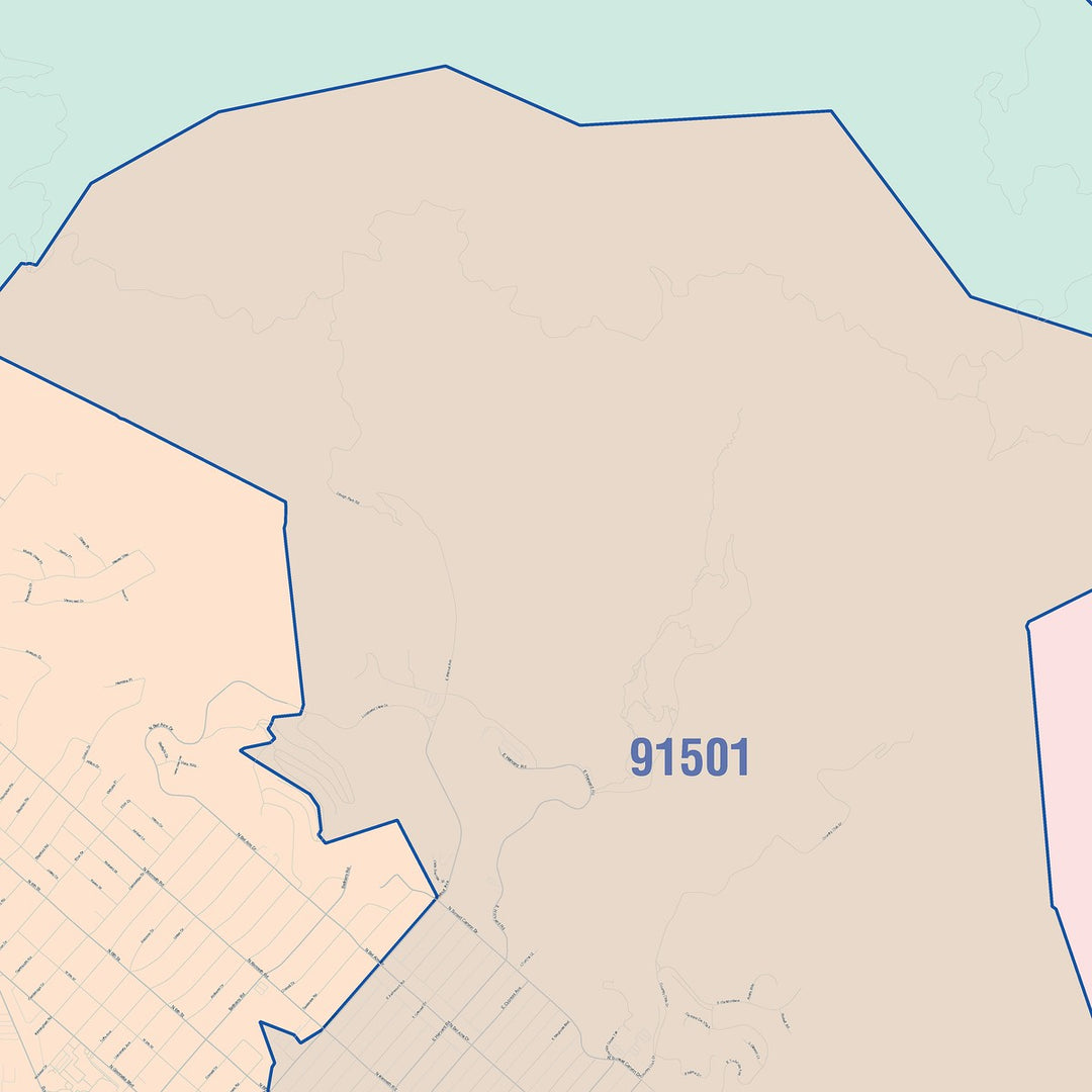 Color Cast Zip Code Style Wall Map of Burbank, CA