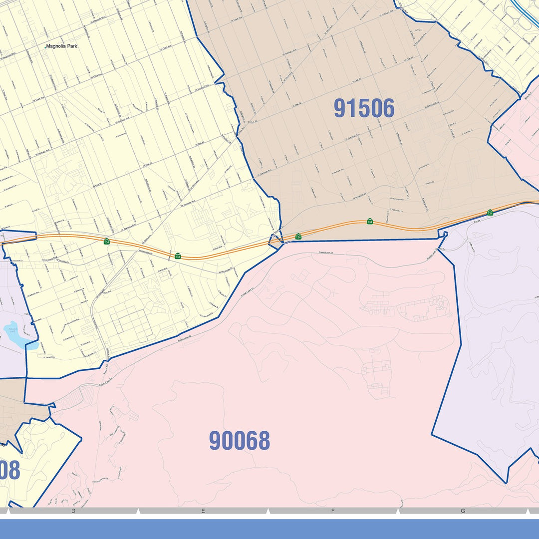 Color Cast Zip Code Style Wall Map of Burbank, CA