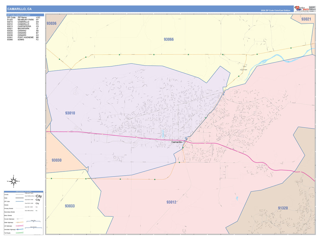 Color Cast Zip Code Style Wall Map of Camarillo, CA