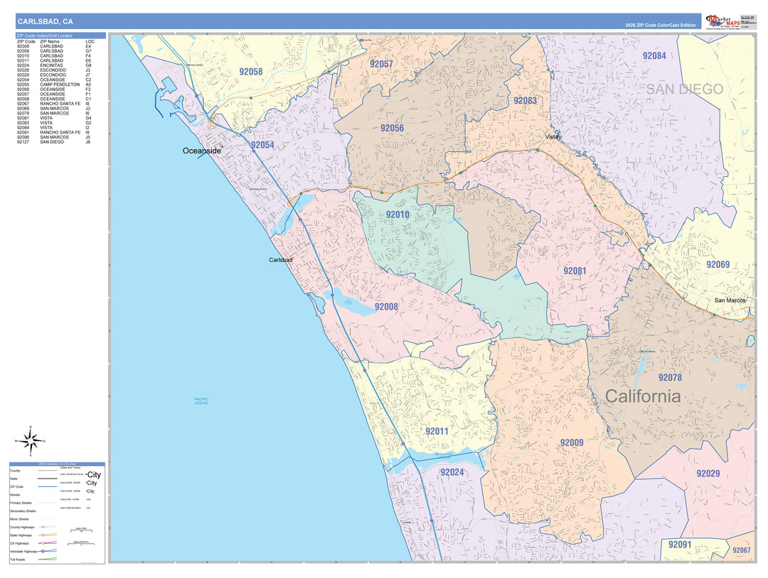 Color Cast Zip Code Style Wall Map of Carlsbad, CA