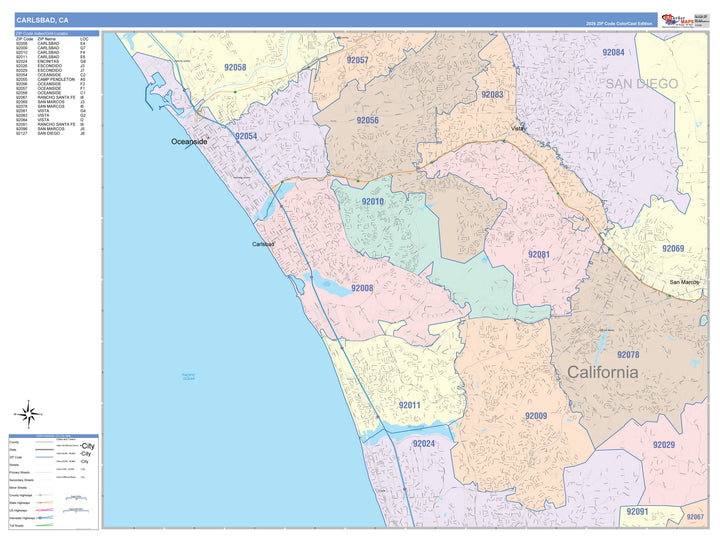 Color Cast Zip Code Style Wall Map of Carlsbad, CA