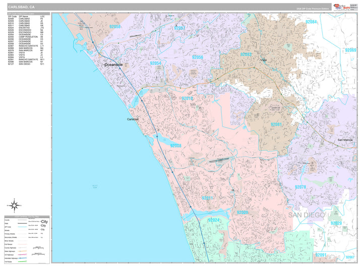 Premium Style Wall Map of Carlsbad, CA