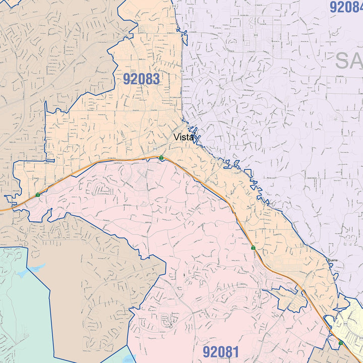 Color Cast Zip Code Style Wall Map of Carlsbad, CA