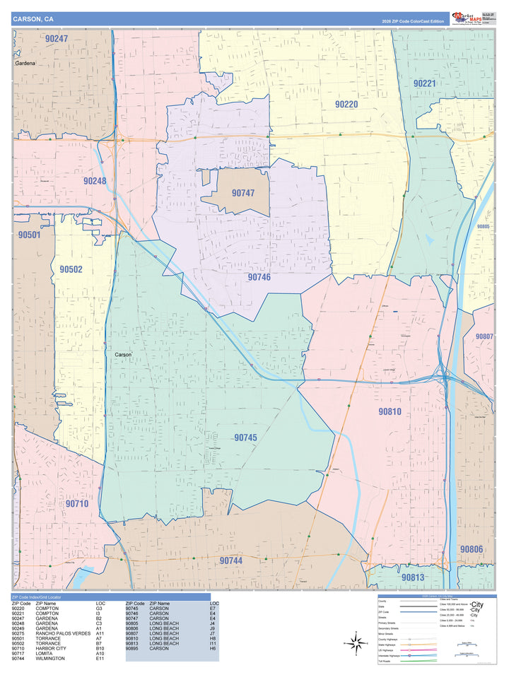 Color Cast Zip Code Style Wall Map of Carson, CA