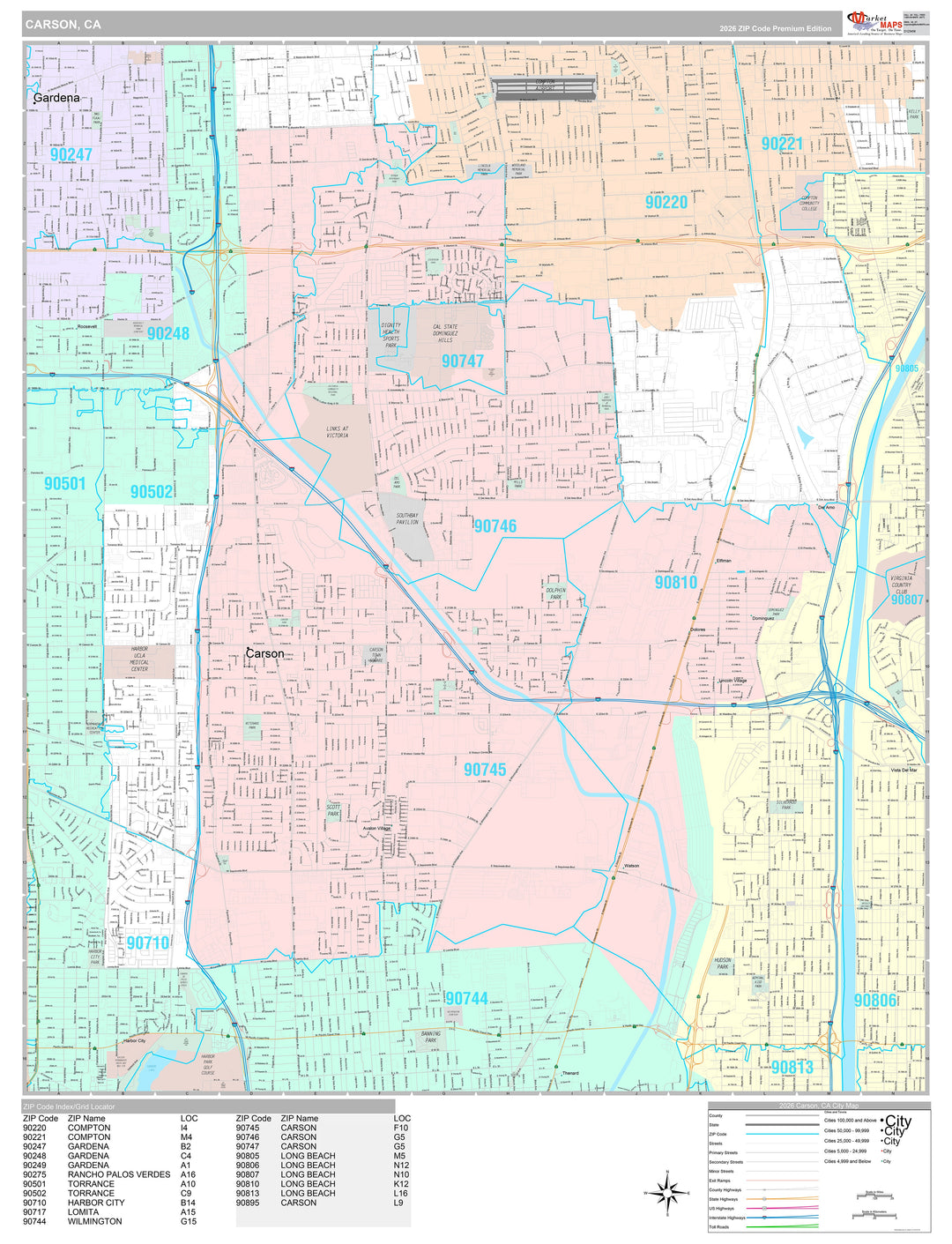 Premium Style Wall Map of Carson, CA