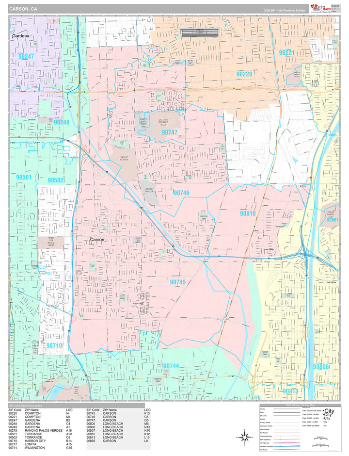 Premium Style Wall Map of Carson, CA