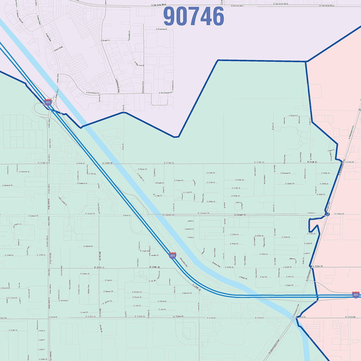 Color Cast Zip Code Style Wall Map of Carson, CA