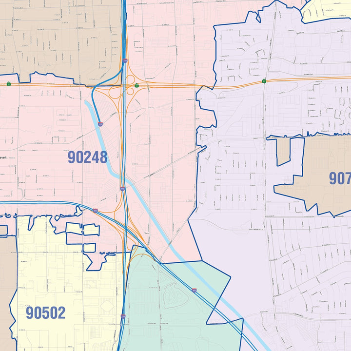 Color Cast Zip Code Style Wall Map of Carson, CA