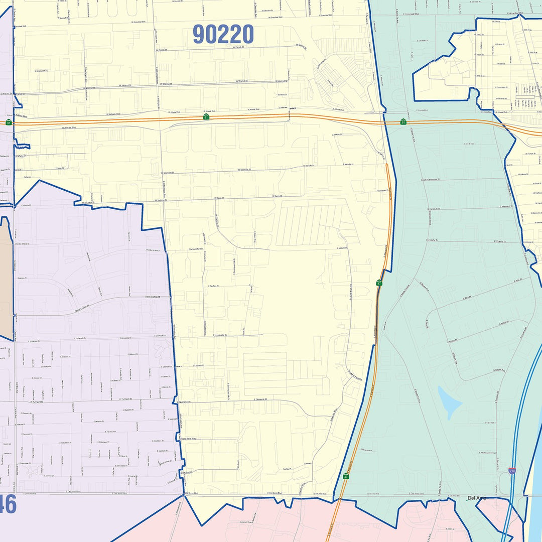Color Cast Zip Code Style Wall Map of Carson, CA