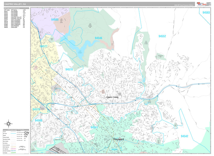 Premium Style Wall Map of Castro Valley, CA