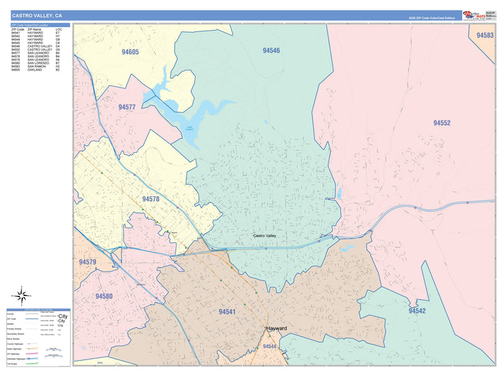 Color Cast Zip Code Style Wall Map of Castro Valley, CA