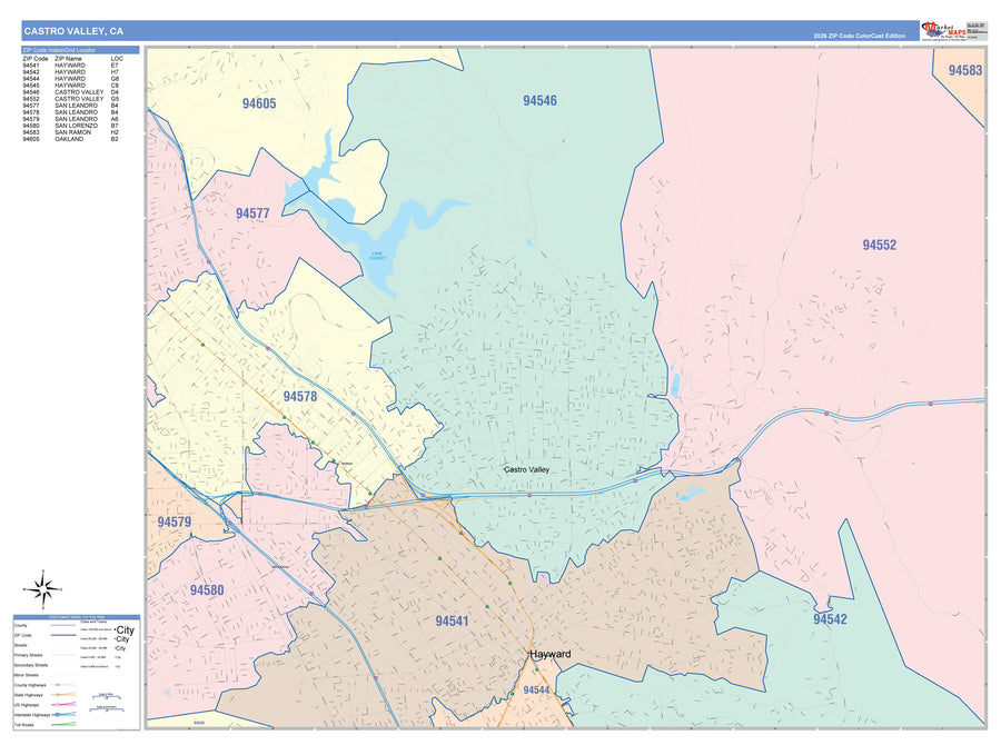 Color Cast Zip Code Style Wall Map of Castro Valley, CA – American Map ...