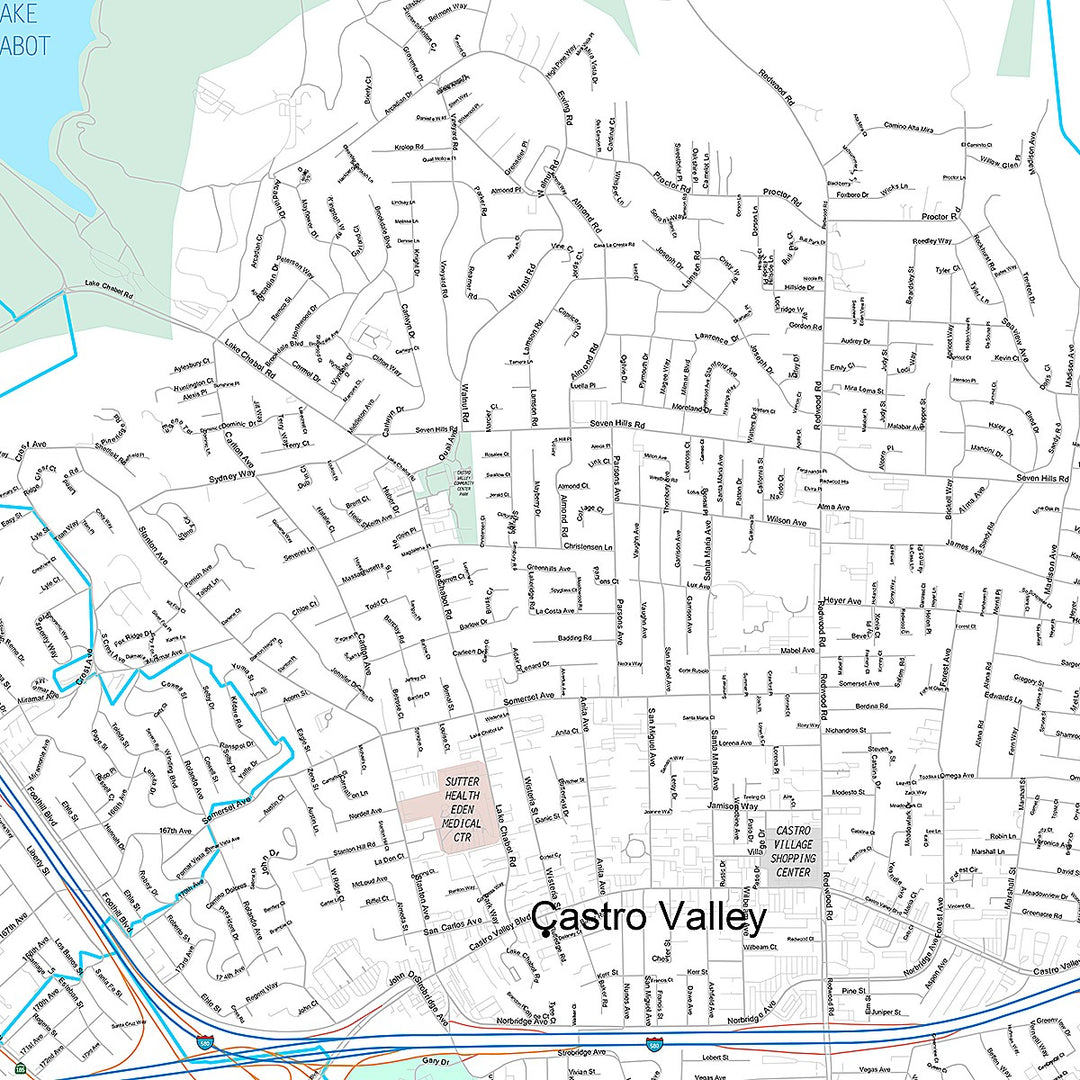 Premium Style Wall Map of Castro Valley, CA