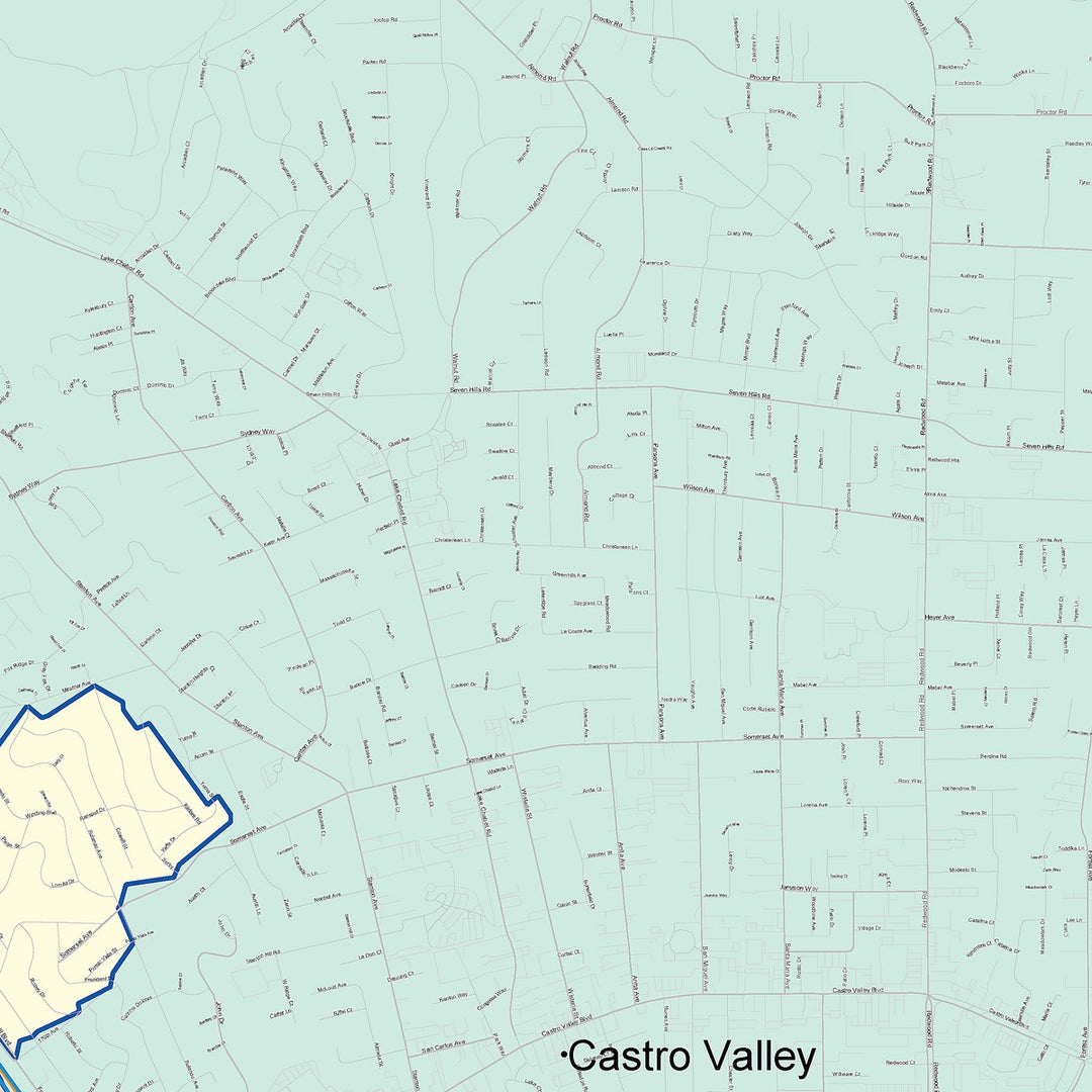 Color Cast Zip Code Style Wall Map of Castro Valley, CA