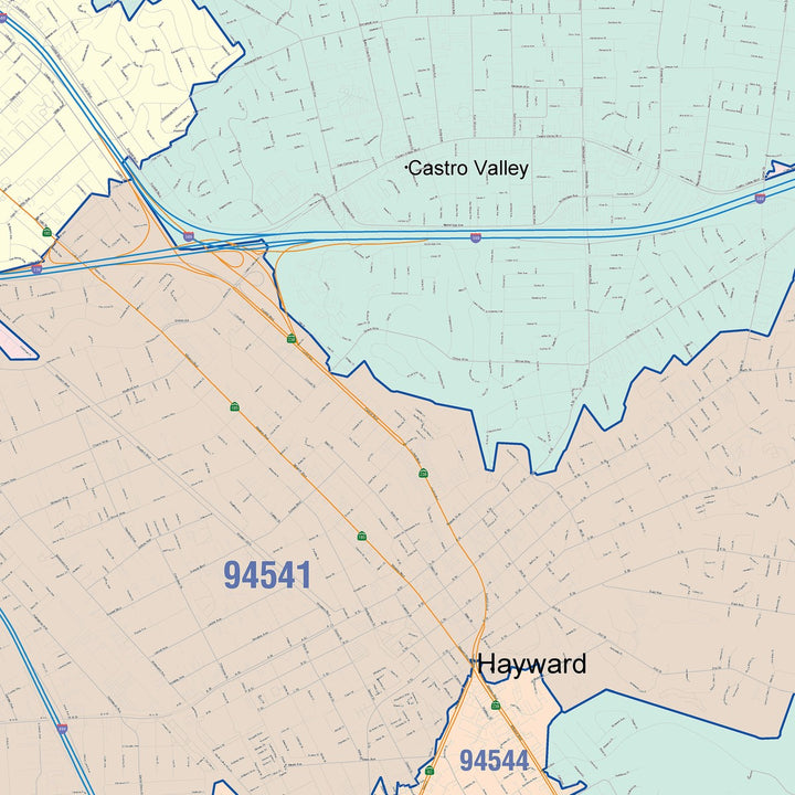 Color Cast Zip Code Style Wall Map of Castro Valley, CA