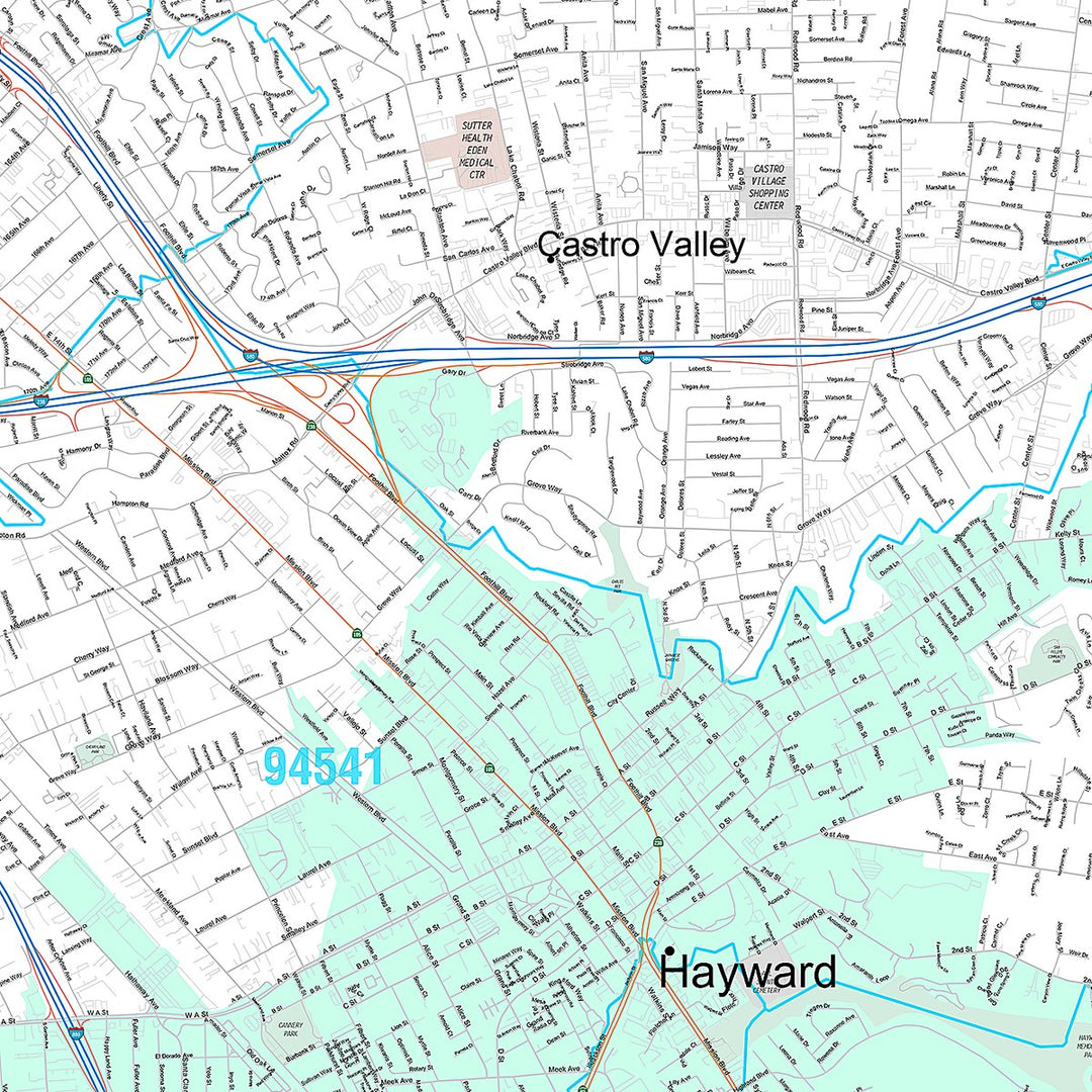 Premium Style Wall Map of Castro Valley, CA